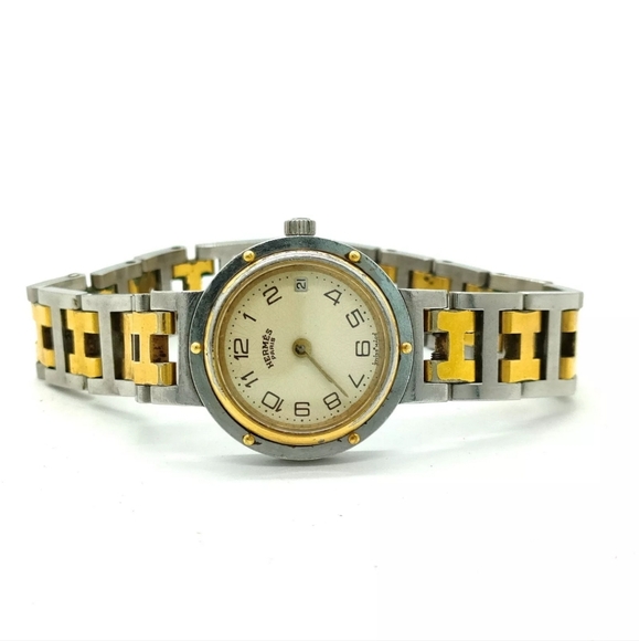 HERMES Watch Two Tone Clipper 23mm Women\'s Cream X Gold Quartz Vintage